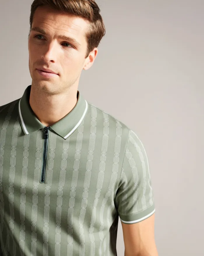 Men ICKEN 8211 Geometric Jacquard Zip Polo Shirt Pale Green Ted Baker Tops Men ICKEN 8211 Geometric Jacquard Zip Polo Shirt Pale Green Ted Baker Tops