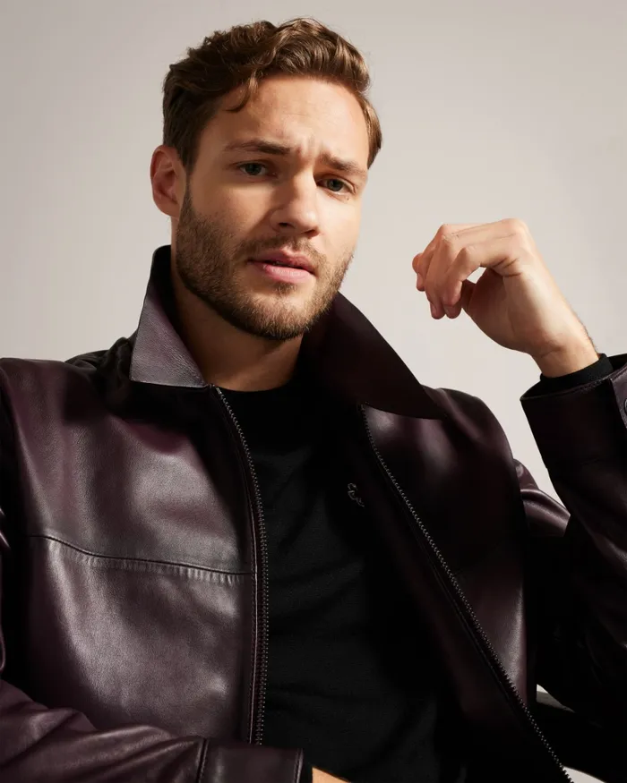 Men JEREM 8211 Classic Collar Leather Jacket Dark Red Ted Baker Coats and Jackets