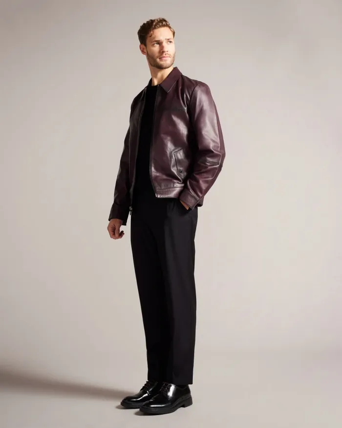 Men JEREM 8211 Classic Collar Leather Jacket Dark Red Ted Baker Coats and Jackets