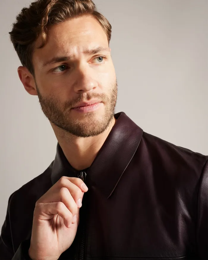 Men JEREM 8211 Classic Collar Leather Jacket Dark Red Ted Baker Coats and Jackets