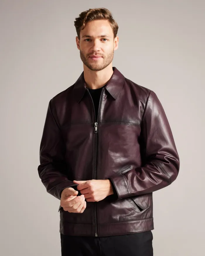 Men JEREM 8211 Classic Collar Leather Jacket Dark Red Ted Baker Coats and Jackets