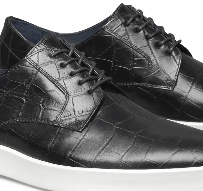 Men Johnston and Murphy Bolivar Plain Toe Black Croc Embossed Calfskin Dress Shoes