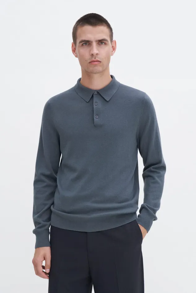 Men Knitted Polo Shirt Green Grey Filippa K Knitwear