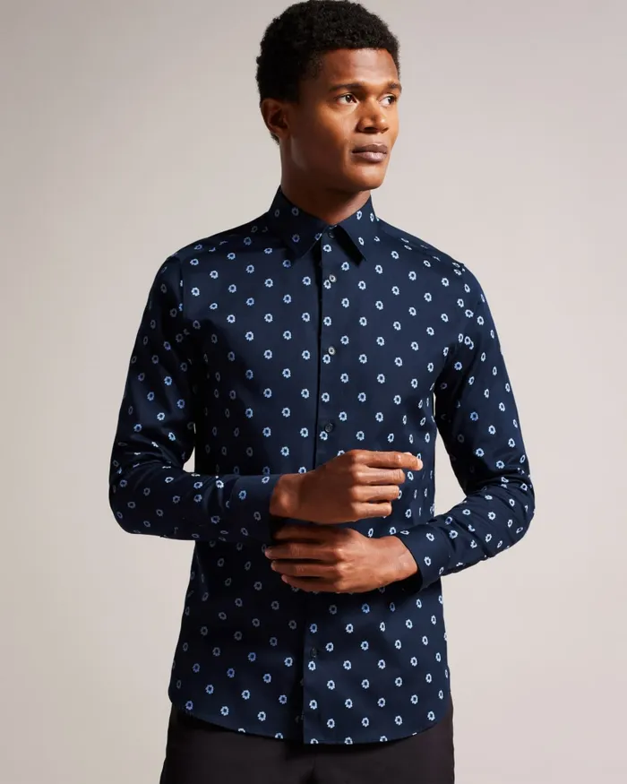 Men KYME 8211 Long Sleeve Ditsy Floral Shirt Navy Ted Baker Shirts
