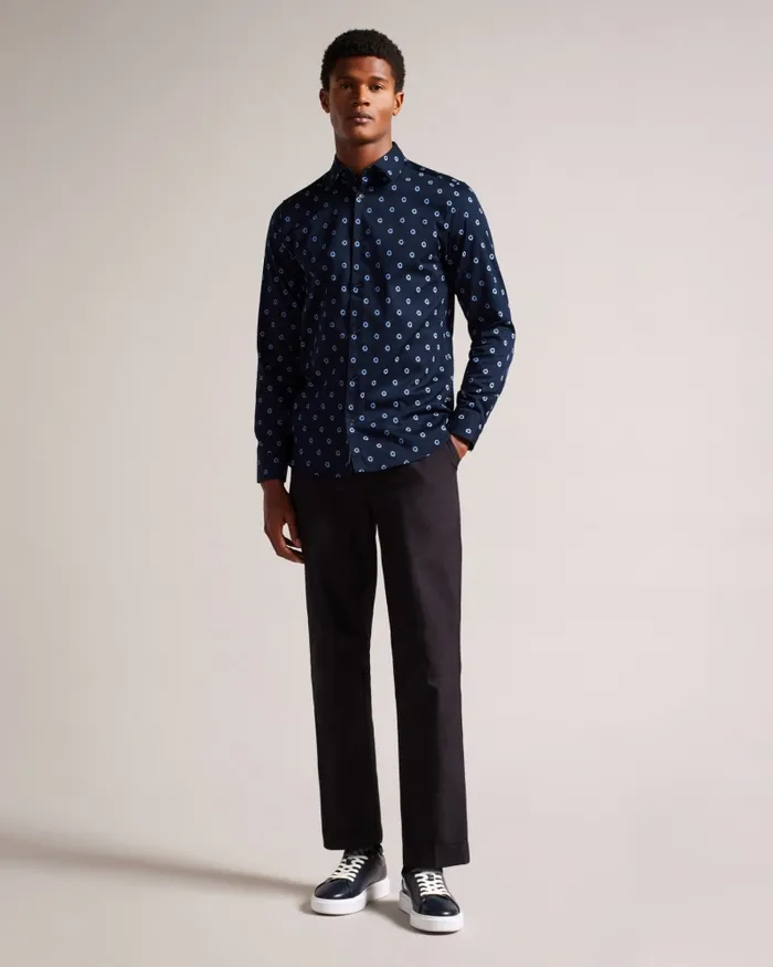 Men KYME 8211 Long Sleeve Ditsy Floral Shirt Navy Ted Baker Shirts