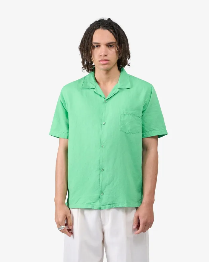 Men Linen Short Sleeved Shirt Spring Green Colorful Standard Shirts