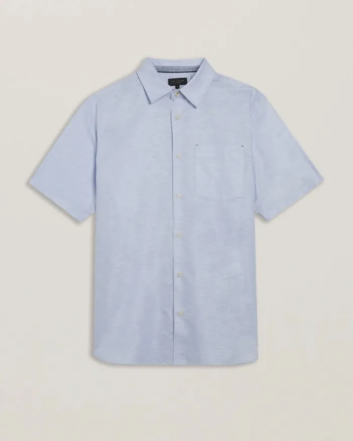 Men PALOMAS 8211 Short Sleeve Linen Cotton Shirt Blue Ted Baker Shirts