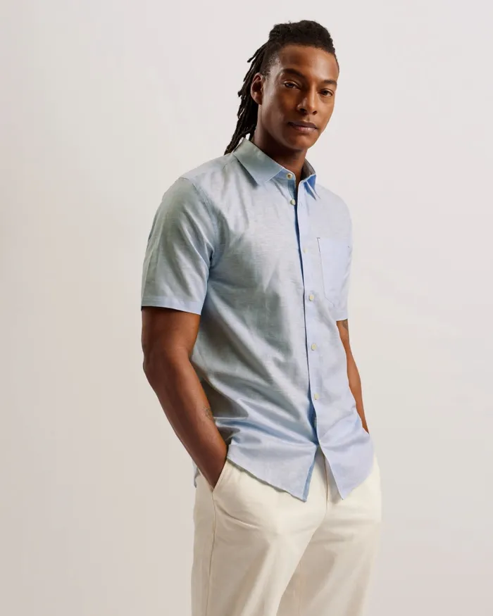 Men PALOMAS 8211 Short Sleeve Linen Cotton Shirt Blue Ted Baker Shirts Men PALOMAS 8211 Short Sleeve Linen Cotton Shirt Blue Ted Baker Shirts