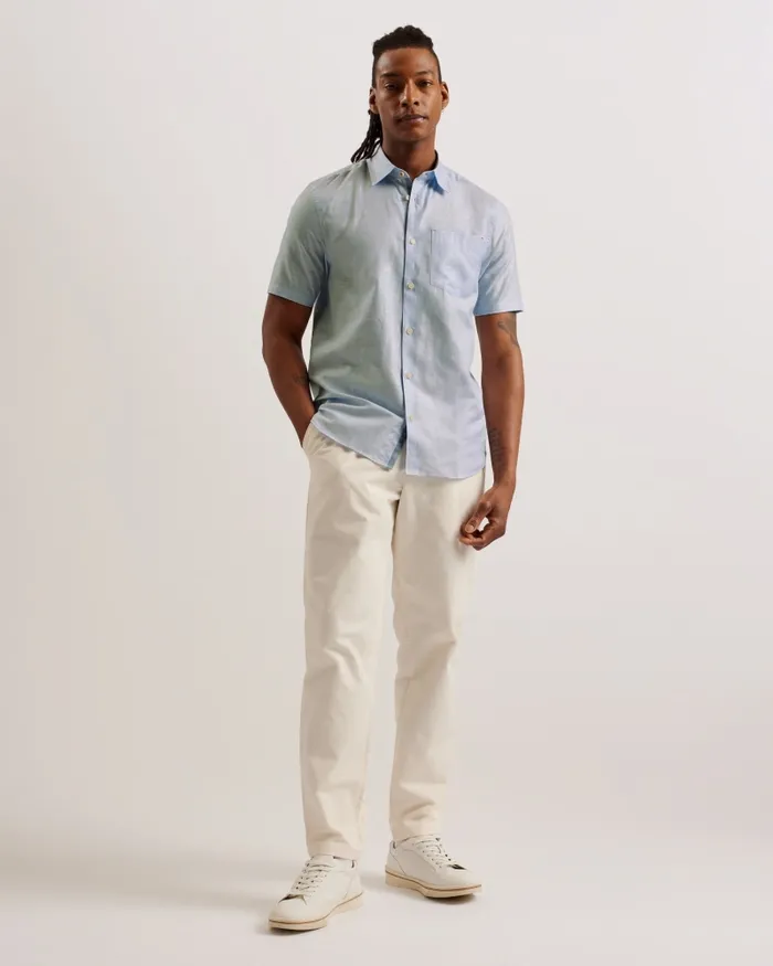 Men PALOMAS 8211 Short Sleeve Linen Cotton Shirt Blue Ted Baker Shirts Men PALOMAS 8211 Short Sleeve Linen Cotton Shirt Blue Ted Baker Shirts
