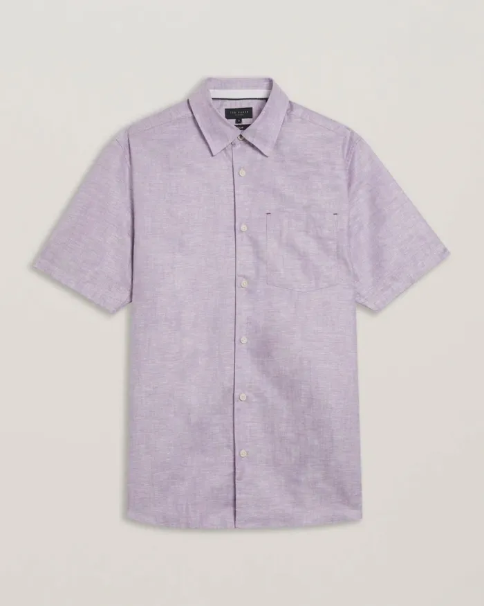 Men PALOMAS 8211 Short Sleeve Linen Cotton Shirt Purple Ted Baker Shirts