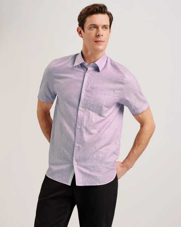 Men PALOMAS 8211 Short Sleeve Linen Cotton Shirt Purple Ted Baker Shirts