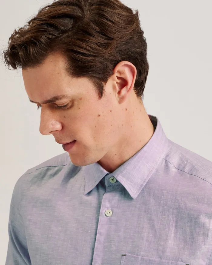 Men PALOMAS 8211 Short Sleeve Linen Cotton Shirt Purple Ted Baker Shirts