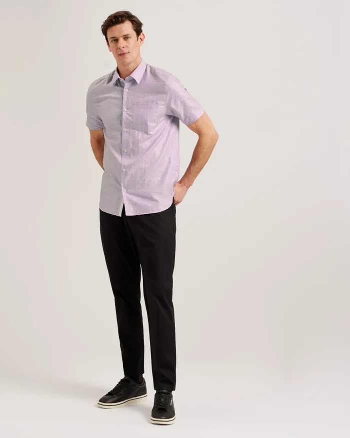 Men PALOMAS 8211 Short Sleeve Linen Cotton Shirt Purple Ted Baker Shirts