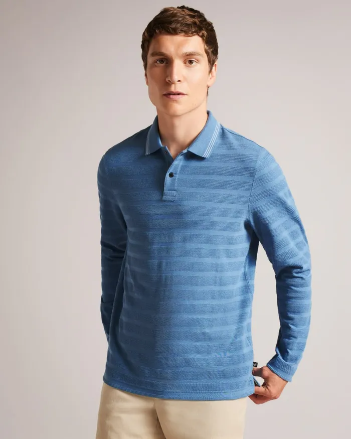 Men PENINE 8211 Long Sleeve Textured Stripe Polo Shirt Sky Blue Ted Baker Tops Men PENINE 8211 Long Sleeve Textured Stripe Polo Shirt Sky Blue Ted Baker Tops