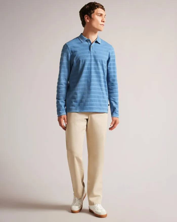 Men PENINE 8211 Long Sleeve Textured Stripe Polo Shirt Sky Blue Ted Baker Tops Men PENINE 8211 Long Sleeve Textured Stripe Polo Shirt Sky Blue Ted Baker Tops