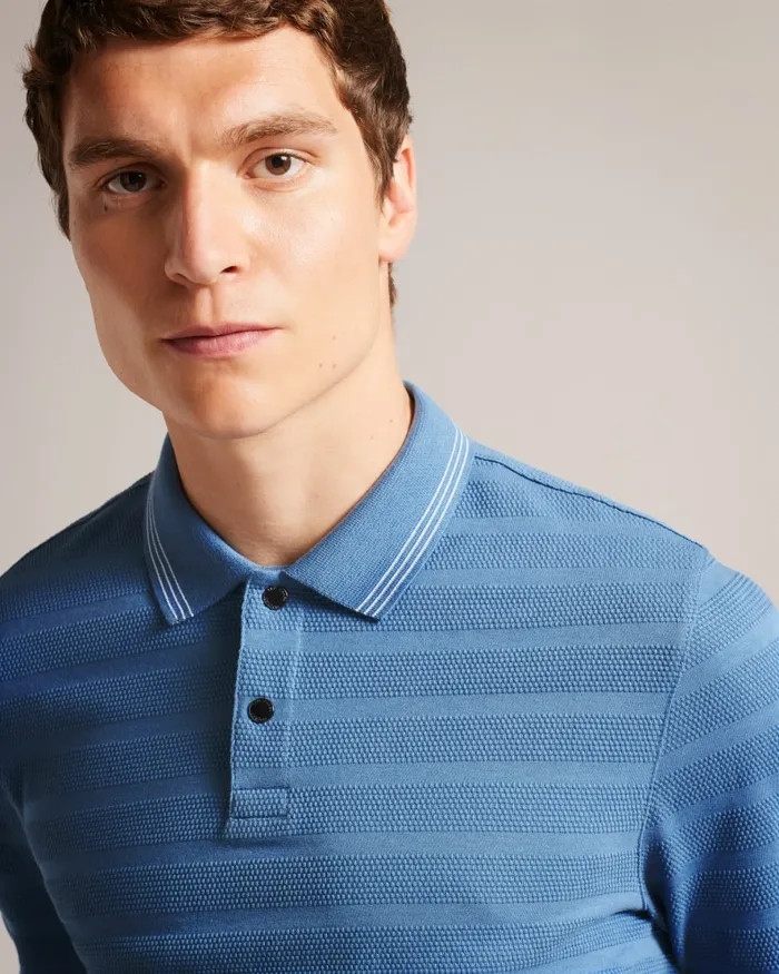 Men PENINE 8211 Long Sleeve Textured Stripe Polo Shirt Sky Blue Ted Baker Tops Men PENINE 8211 Long Sleeve Textured Stripe Polo Shirt Sky Blue Ted Baker Tops