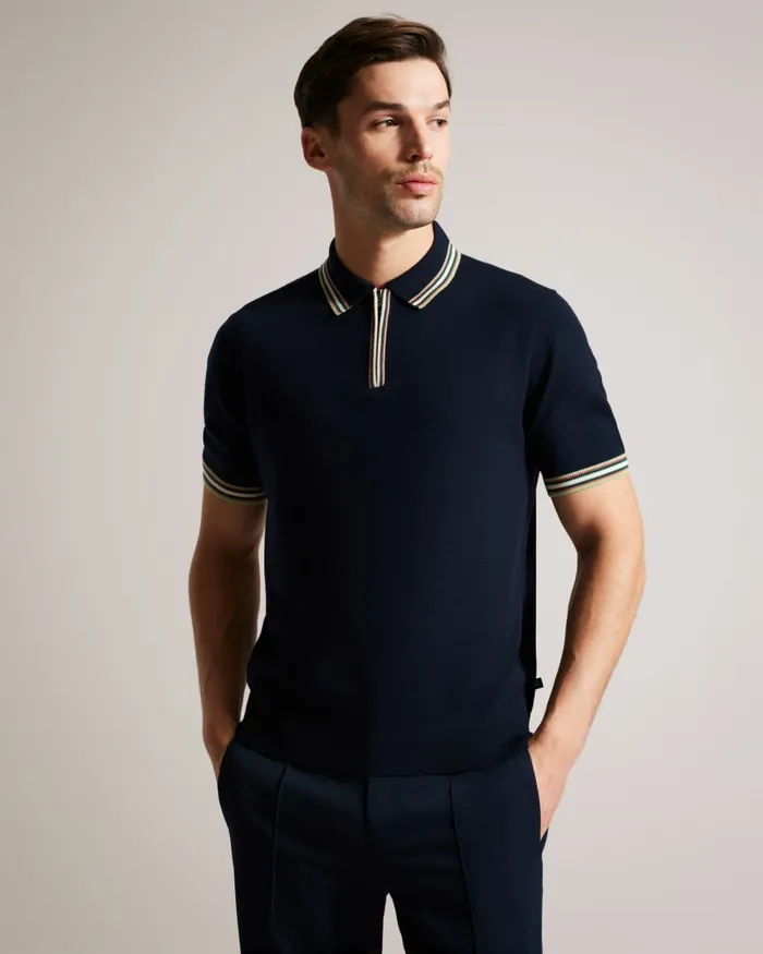 Men PIERROT 8211 Short Sleeve Stripe Trim Polo Shirt Navy Ted Baker Jumpers and Knitwear
