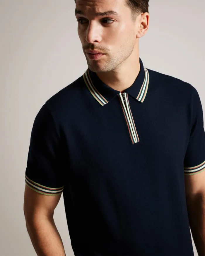 Men PIERROT 8211 Short Sleeve Stripe Trim Polo Shirt Navy Ted Baker Jumpers and Knitwear