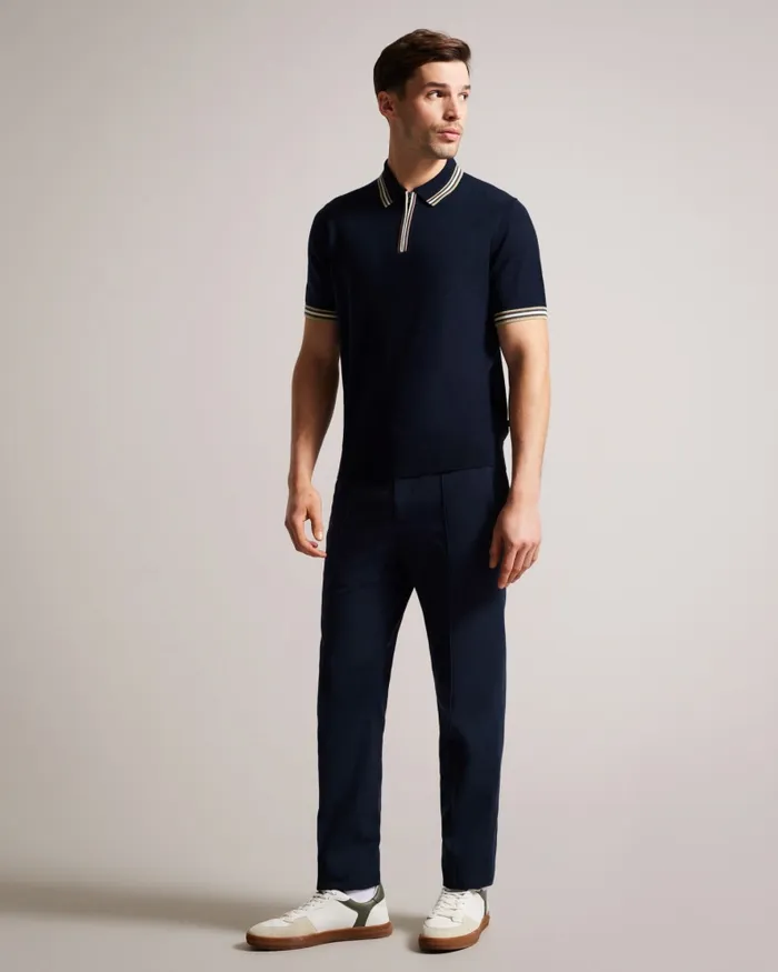 Men PIERROT 8211 Short Sleeve Stripe Trim Polo Shirt Navy Ted Baker Jumpers and Knitwear