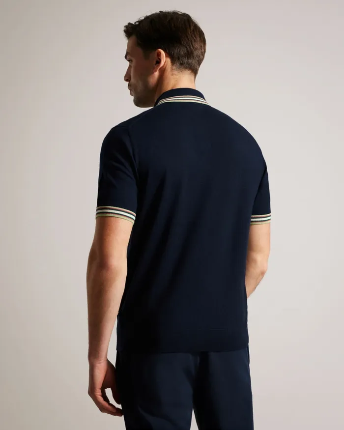 Men PIERROT 8211 Short Sleeve Stripe Trim Polo Shirt Navy Ted Baker Jumpers and Knitwear