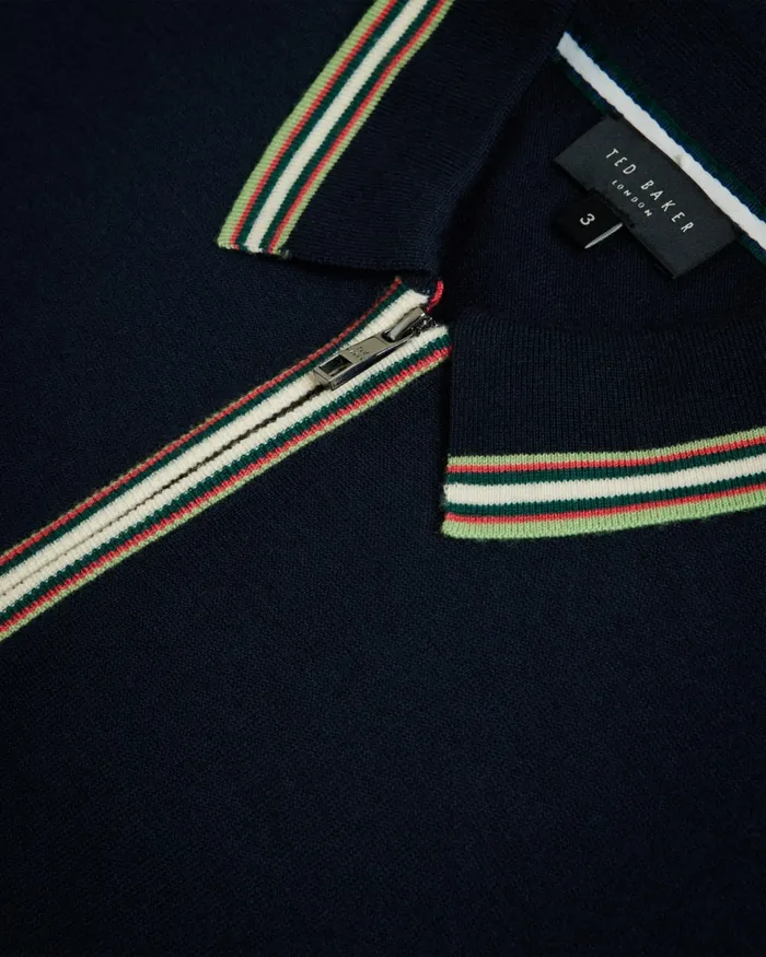 Men PIERROT 8211 Short Sleeve Stripe Trim Polo Shirt Navy Ted Baker Jumpers and Knitwear