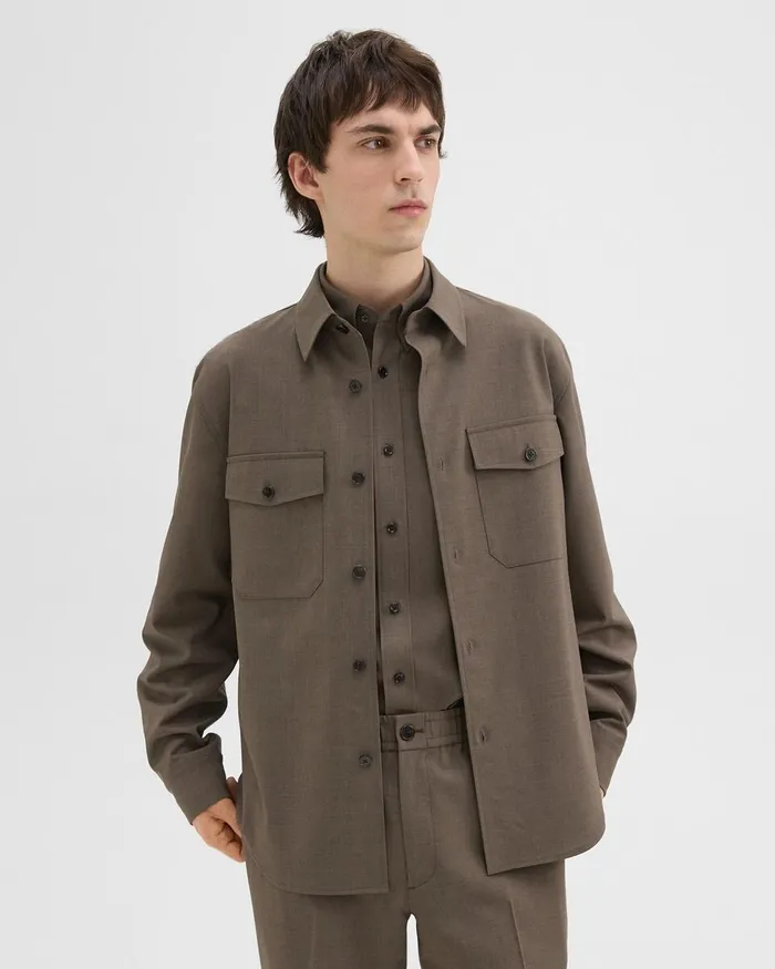 Men Shirts Theory Garvin Shirt Jacket In Stretch Wool Fossil Melange