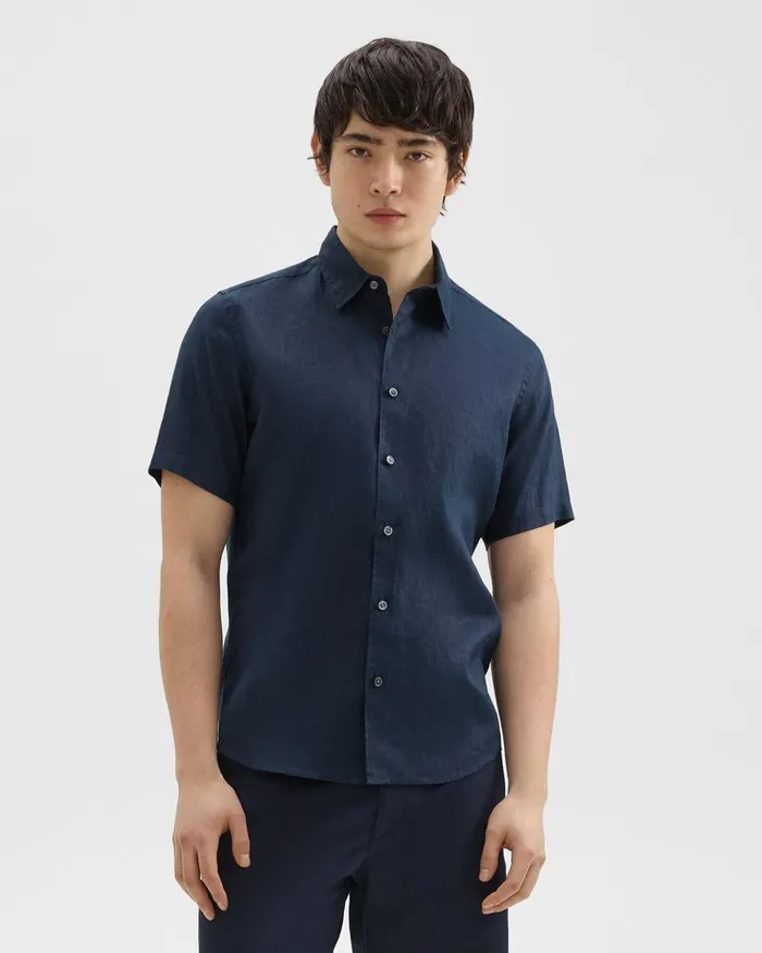 Men Shirts Theory Irving ShortSleeve Shirt In Relaxed Linen Baltic