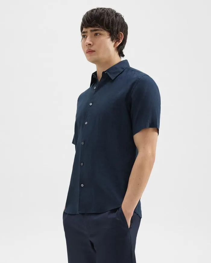 Men Shirts Theory Irving ShortSleeve Shirt In Relaxed Linen Baltic
