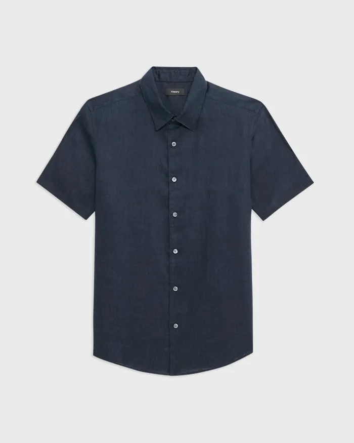 Men Shirts Theory Irving ShortSleeve Shirt In Relaxed Linen Baltic