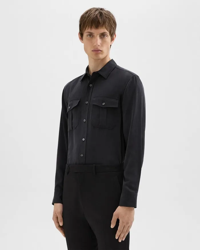 Men Shirts Theory Military Shirt In Fluid Twill Black