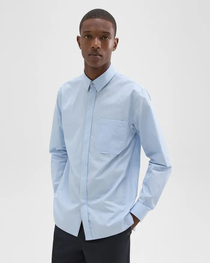 Men Shirts Theory Striped CottonBlend Shirt Light Blue Multi