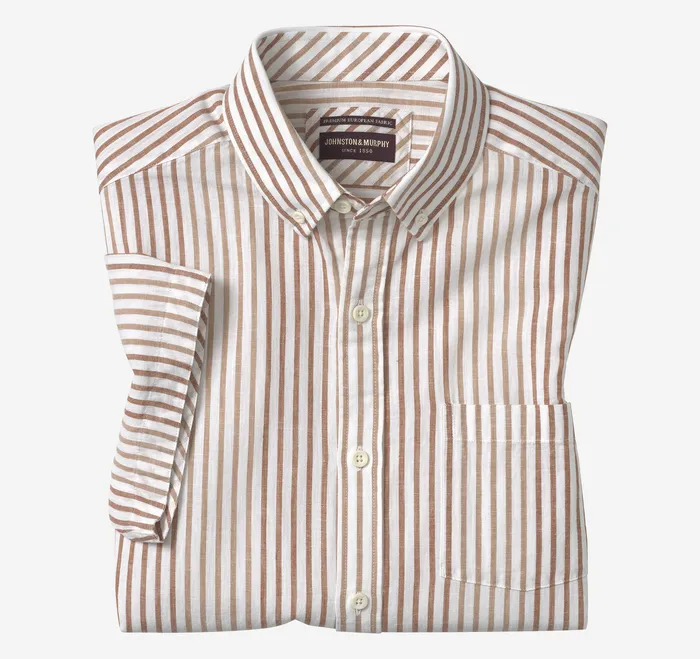 Men ShortSleeve Shirts Johnston and Murphy CottonLinen ShortSleeve Print Shirt Rust Striped