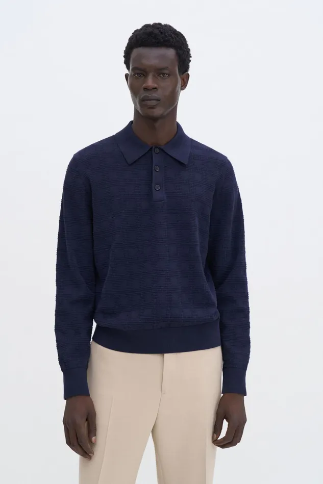 Men Square Knit Polo Navy Filippa K Knitwear