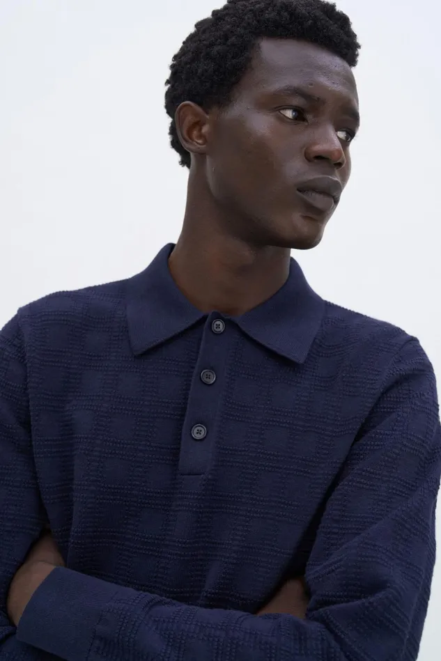Men Square Knit Polo Navy Filippa K Knitwear