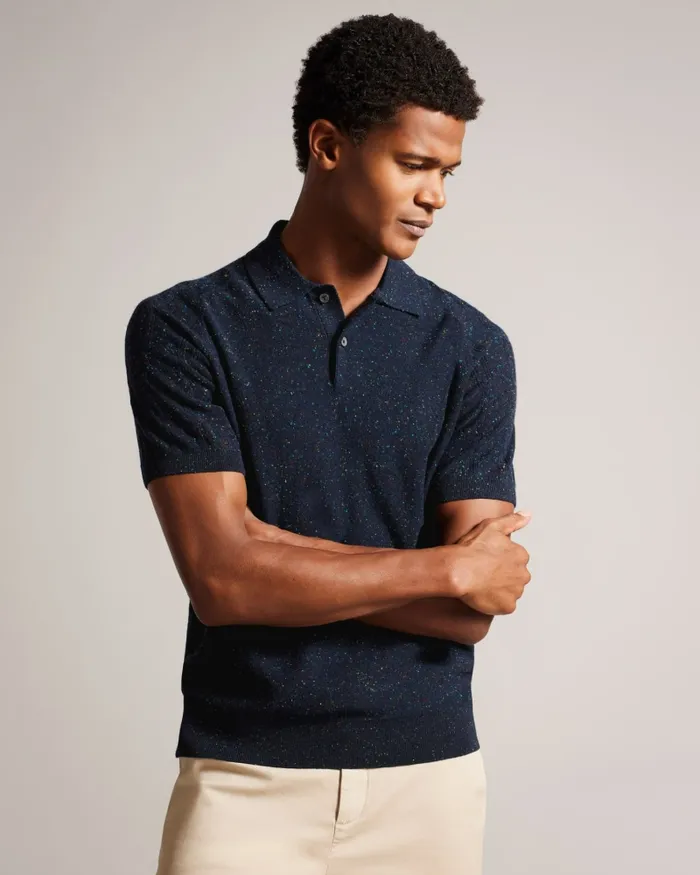 Men USTEE 8211 Marled Polo Shirt With Cable Knit Navy Ted Baker Jumpers and Knitwear Men USTEE 8211 Marled Polo Shirt With Cable Knit Navy Ted Baker Jumpers and Knitwear