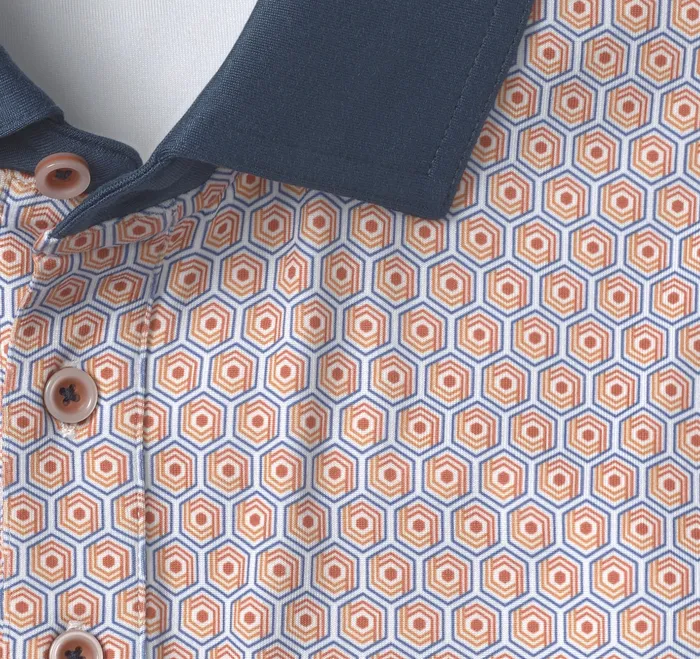 Men XC4 Performance SolidCollar Print Polos Cool Degree OrangeNavy Hexagon Dot Polos and Tees Johnston and Murphy