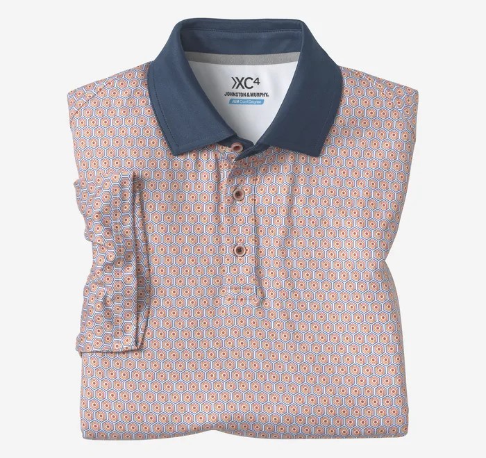 Men XC4 Performance SolidCollar Print Polos Cool Degree OrangeNavy Hexagon Dot Polos and Tees Johnston and Murphy