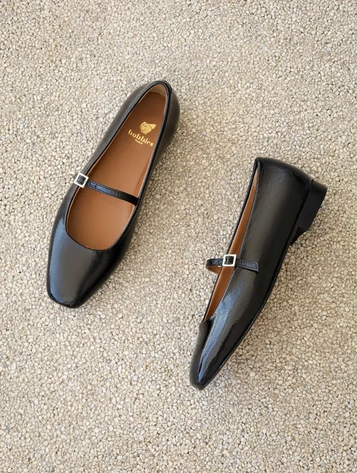 Mikie Black Vinyl Women Bobbies Ballet Flats