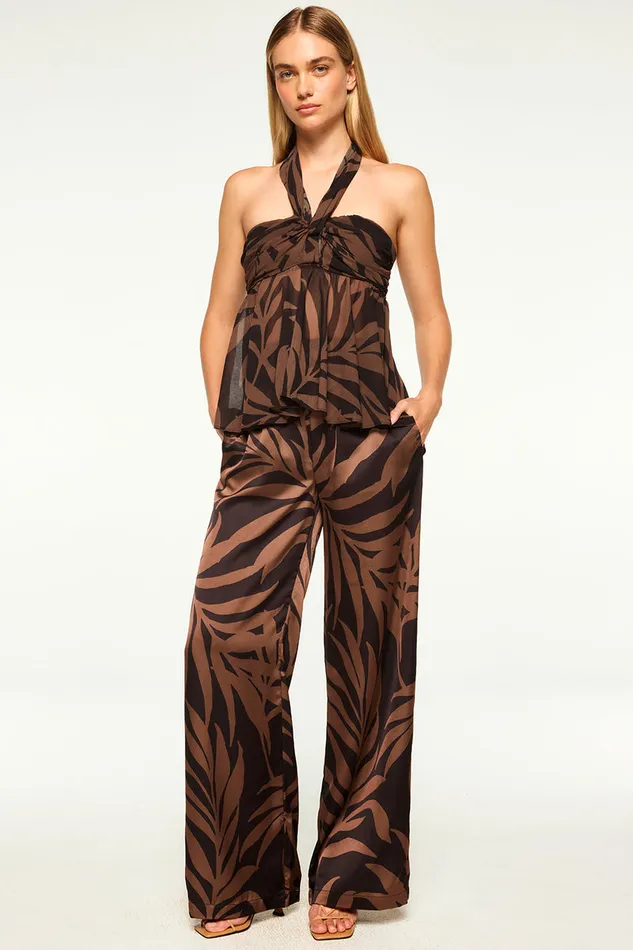 Misa Los Angeles Reshma Pant Chocolate Palm Frond Satin Women Pants