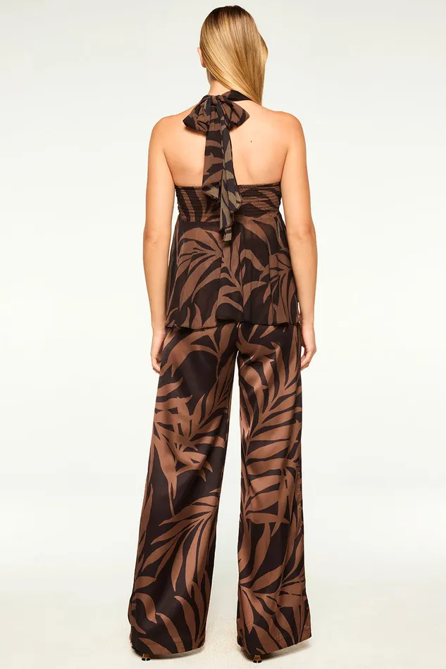 Misa Los Angeles Reshma Pant Chocolate Palm Frond Satin Women Pants