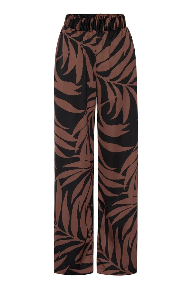 Misa Los Angeles Reshma Pant Chocolate Palm Frond Satin Women Pants
