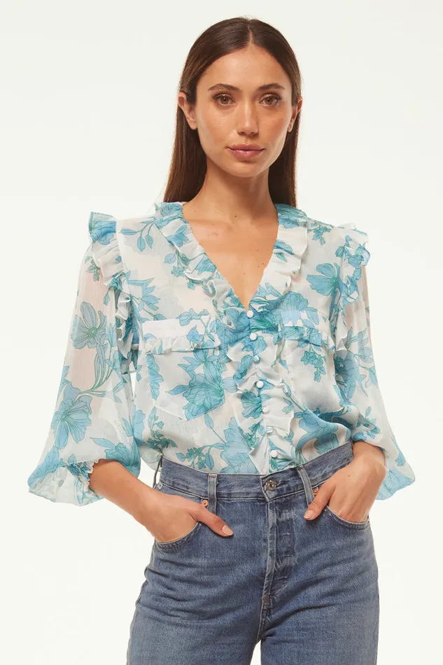 Misa Los Angeles Sacha Top Turquoise Flora Chiffon Women Tops
