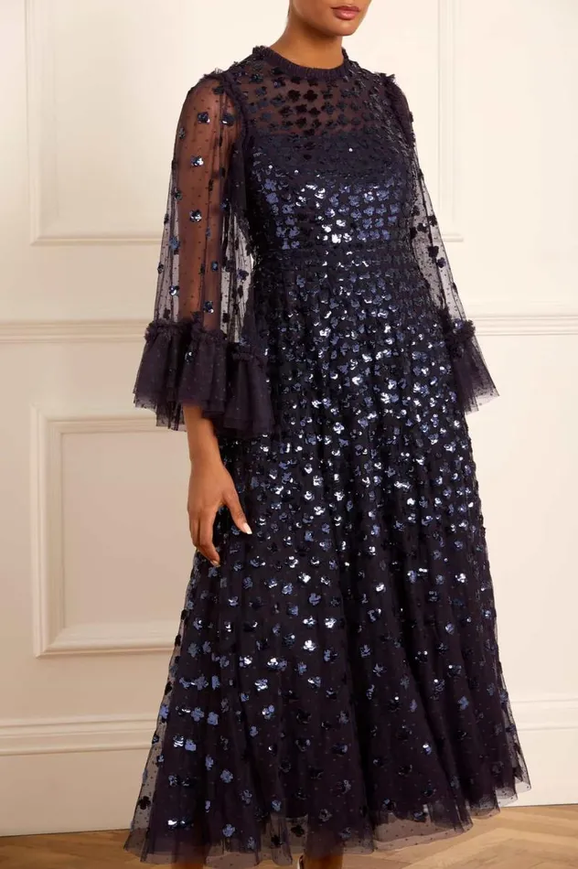 Needle and Thread Dresses Glisten Long Sleeve Ankle Gown Blue 8211 Women