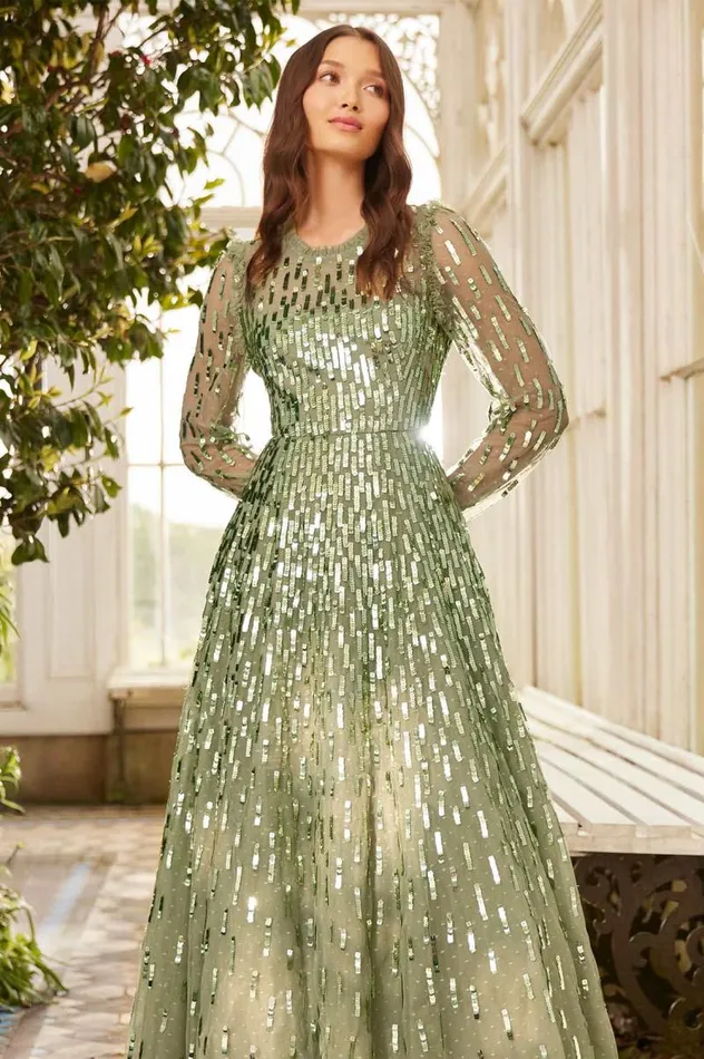 Needle and Thread Dresses Sequin Dash Long Sleeve Ankle Gown Green 8211 Women