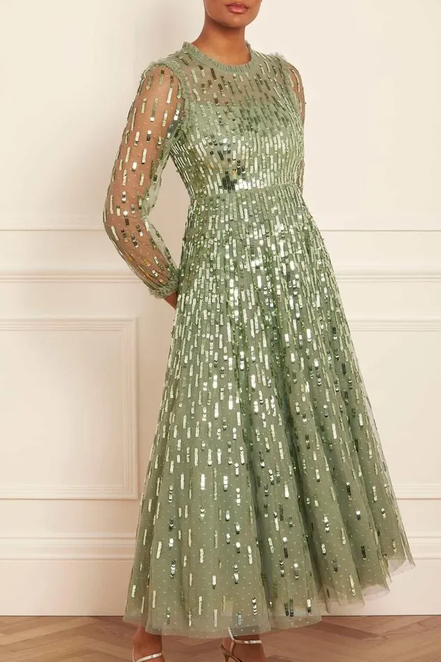 Needle and Thread Dresses Sequin Dash Long Sleeve Ankle Gown Green 8211 Women