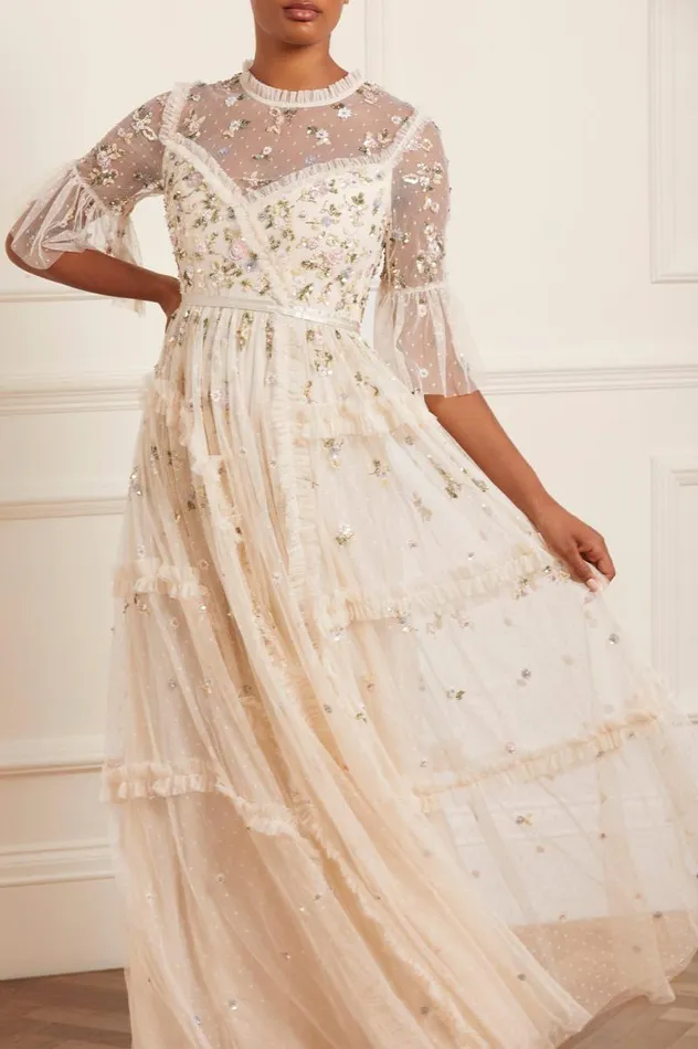 Needle and Thread Dresses Shimmer Ditsy Long Sleeve Gown Champagne 8211 Women