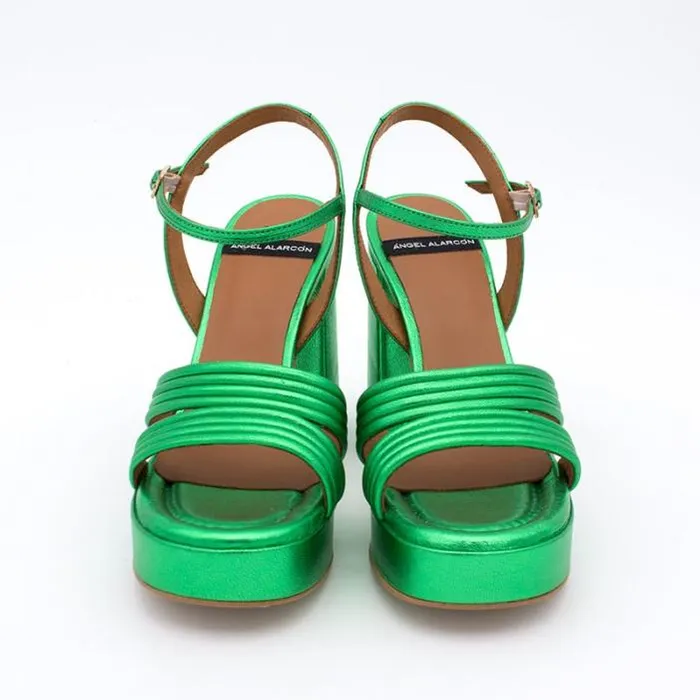 ngel Alarcn Metallized Shoes Woman AMBER 8211 Strap Metallized Leather Sandals With Block High Heel and Platform
