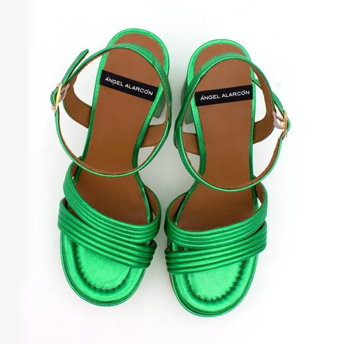 ngel Alarcn Metallized Shoes Woman AMBER 8211 Strap Metallized Leather Sandals With Block High Heel and Platform