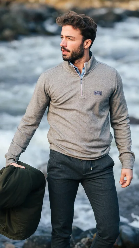 NZA New Zealand Auckland Sweatshirts Sporty Gray Sweater With HalfZip 8211 Mud 8211 Men
