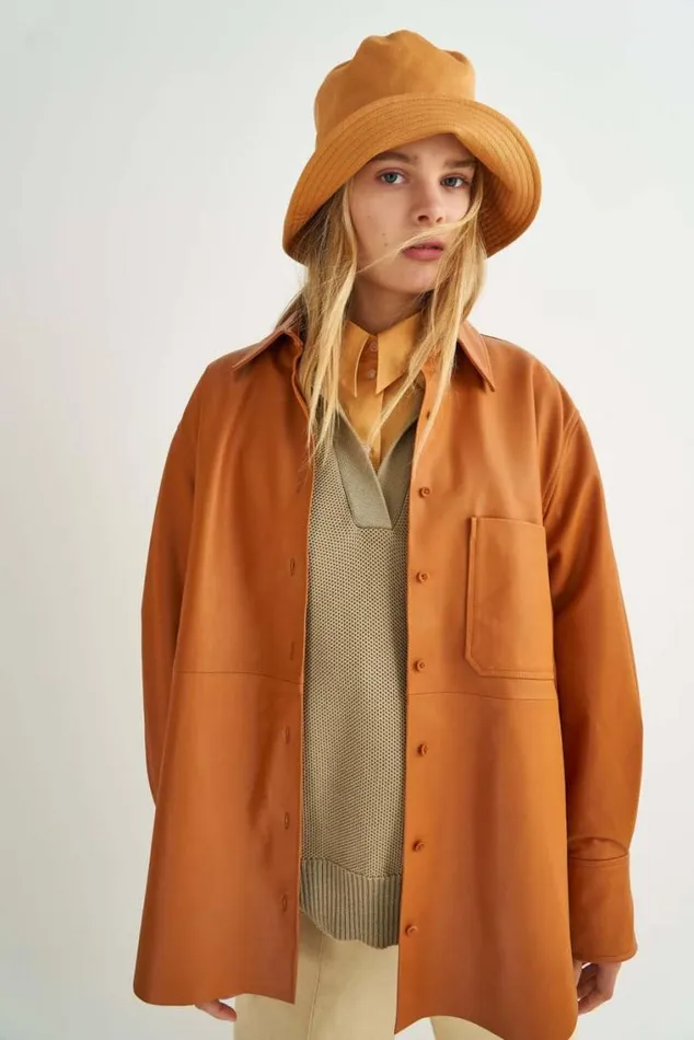 Oroton Tops Leather Overshirt Tan 8211 Women
